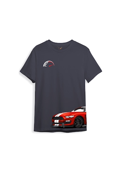 Araba Yan Detaylı Hız Limiti Baskılı Regular Fit %100 Pamuk Gri T-shirt Antrasit