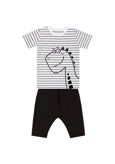 Sevimli Dino Çizgili Erkek Çocuk Yazlık T-shirt Kapri Şort Takım