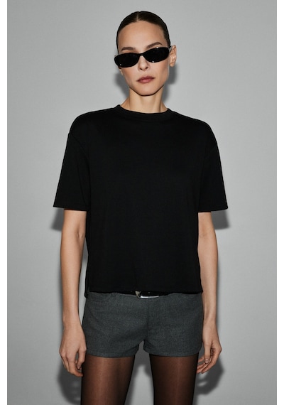 Grımelange Colena Kadın Organik Pamuklu Bisiklet Yaka Oversize Fit Kısa Kollu Siyah T-shirt Siyah