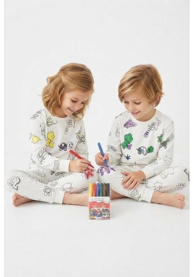 Noble Kids Çocuk Yeniden Boyanabilir Pijama Takımı Ve 6'lı Boya Kalem Seti Beyaz