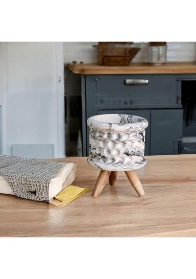 Saksı, Dekoratif Mermer Desenli Beton Saksı, El Yapımı Ahşap Ayaklı Ev Ve Ofis Dekoru, Minimalist Tasarım, Beyaz Antrasit Renkleri İle, Kaktüs Ve Sukulent Saksısı