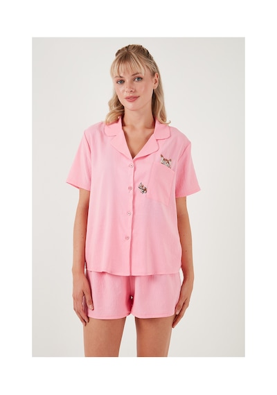 Lela Gömlek Yaka Beli Lastikli Kısa Kollu Şortlu Bayan Pijama Takımı 611Pt00123 Pembe