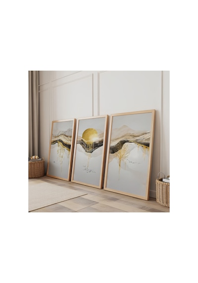 Ahşap Çerçeveli Pastel Tepeler Üçlü Ahşap Tablo Seti