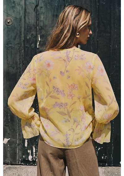 Sateen Fırfır Detaylı Desenli Gömlek - Sarı-137788
