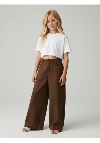Zekids Kız Çocuk Bol Paça Modal Kumaş Tasarım Pantolon-17149 Kahverengi