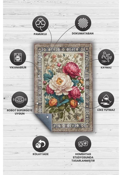 Homshtag Art Deco Şakayık Çiçeği Vintage Halı Görünümlü Dijital Baskı Renkli Halı Rustik Çiçek Halı Çok Renkli