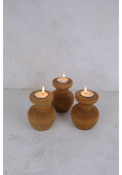 3 Lü Büyük Nar Model Tealight Ahşap Şamdan Seti Dekoratif Şamdan