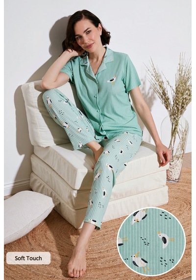 Lela Regular Fit Gömlek Yaka Kısa Kollu Bayan Pijama Takımı 65740102 Mint