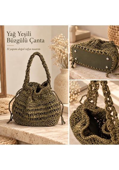 Yağ Yeşili Rafya Çanta