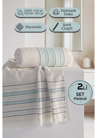 Retro %100 Pamuk 2 Li Havlu Takımı - 50x90, 70x140 Mavi