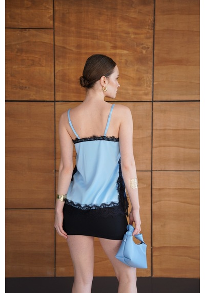 Verymoda Dantel Detaylı Askılı Saten Tunik - D2931 Mavi