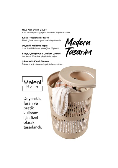 60 Litre Solara Yuvarlak Kirli Sepeti - Kapak Detaylı Banyo Düzenleyici Sepet Çamaşır Sepeti Bej Bej