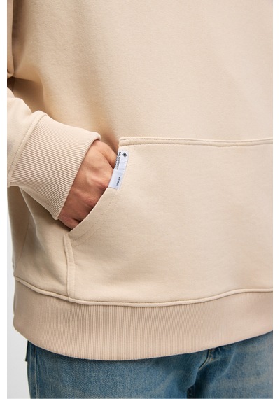 Grimelange CLAY Erkek %100 Pamuk Kapüşonlu Çıtçıtlı Baskılı Cebi Süs Etiketli Krem Sweatshirt