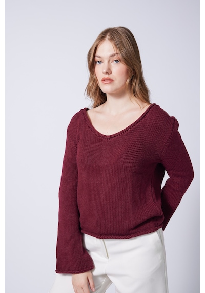V Yaka Basic Triko Kazak Bordo