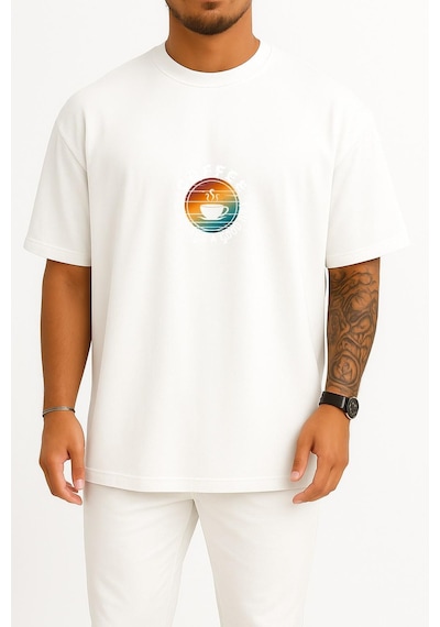 Bahriyeli Collection Oversize Kahve Her Zaman İyi Fikir Göğüs Baskılı Unisex T-shirt Beyaz
