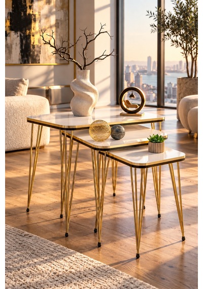 Odera Beyaz Siyah- Detaylı Zigon Sehpa 3'lü Set Metal Ayaklı Modern Retro Salon Sehpası Diğer