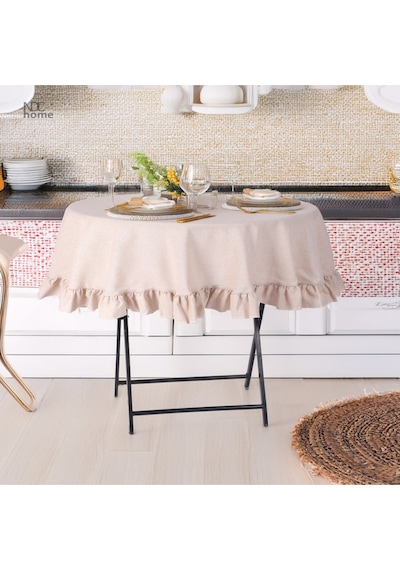 Dnc Home Tekstil  Bej Keten Yuvarlak Fırfırlı Masa Örtüsü