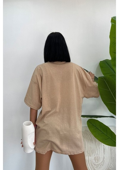 Startmore Unisex Pamuk Bisiklet Yaka Oversize T-shirt Bej