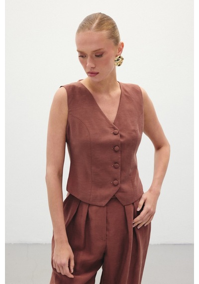 Sateen Keten Yelek - Kahve-136280 Kahve