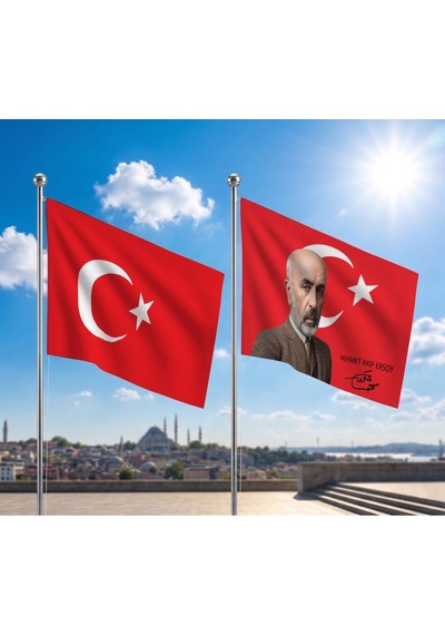 Mehmet Akif Ersoy Bayrağı Ve Alpaka Kumaş Türk Bayrağı 2'li Set 70x105cm Diğer