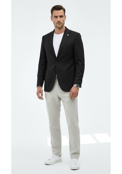 Plus Scorpion Ck089 Erkek Slim Fit Blazer Ceket Tek Düğmeli Çift Yırtmaçlı Torba Cepli Yarım Astarlı Siyah