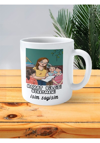 Hayat Bilgisi Öğretmeni Baskılı Kupa Bardak İsimli Kişiye Özel Sarı Çok Renkli