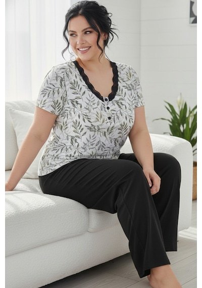 Siyah İnci Desenli Pamuklu Büyük Beden Battal Boy Örme Pijama Takım 26113844 Ekru Desenli