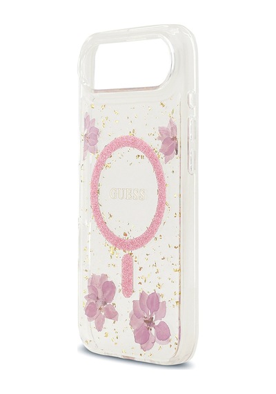 Apple Uyumlu iPhone 17 Air Kılıf Guess Lisanslı M-safe Şarj Özellikli Transparan Resin Flowers Kapak Pembe Pembe