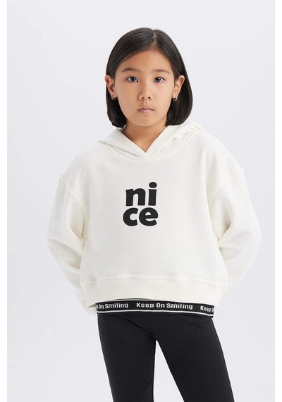 DeFacto Kız Çocuk Relax Fit Kapüşonlu Baskılı Sweatshirt E0462A825SPER85 Ekru