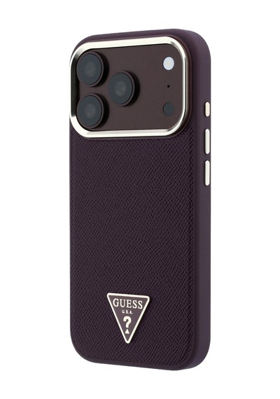 Apple iPhone 18 Pro Uyumlu Kılıf Guess  Lisanslı M-safe Şarj Özellikli Grained Triangle Kapak Bordo