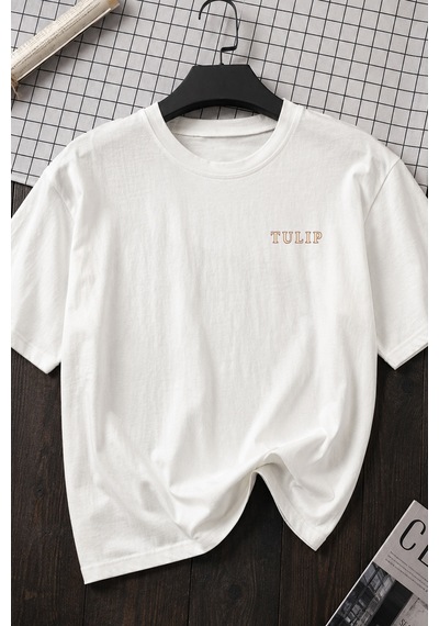 Spoyi Tulip Tasarımlı %100 Pamuk Yarım Oversize Beyaz T-shirt