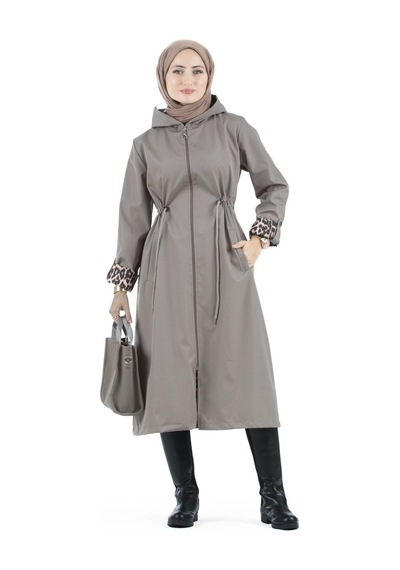 Sevitli Leopar Detaylı Trençkot-füme-2958-füme Füme