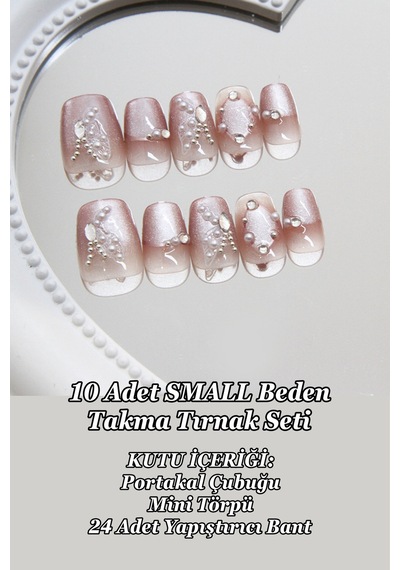 Small Beden Kısa Küt İnci Taşı Süslemeli 10 Adet Takma Tırnak Seti T051 İnci Süsleme