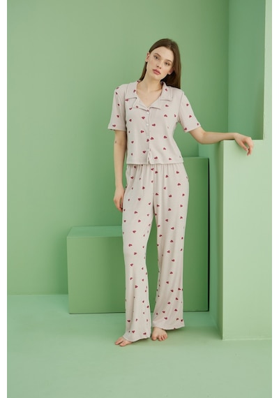 Siyah İnci Fitilli Kaşkorse Örme Düğmeli Gömlek Yaka Pijama Takım Bej