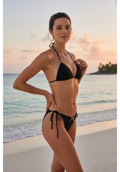 Angbutik Kadın Siyah Pedli Fiyonklu Bağlamalı Bikini Takımı