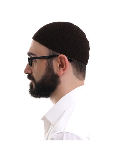 Koyu Kahverengi Kışlık Orlon Namaz Takkesi Baklava Desenli Takke Kahverengi