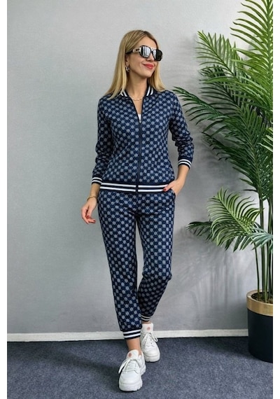Efnaz Style Kadın Uzun Kollu Önden Fermuarlı Desenli Iki Iplik Bluz Ve Pantolon Ikili Takım