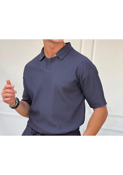 Modefendi Fitil Desen Kesik Yaka Oversıze T-shirt Lacivert