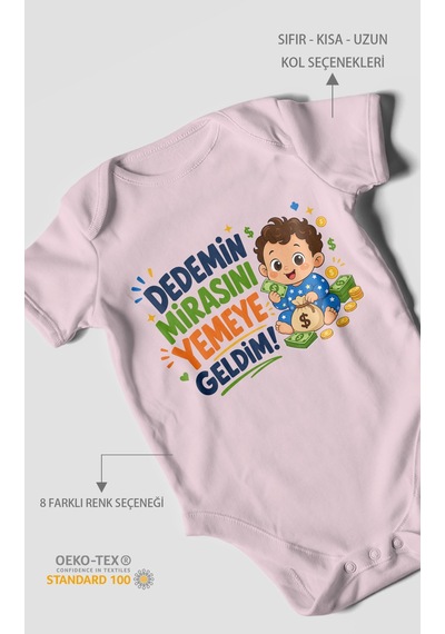Morivokids Dedemin Mirasını Yemeye Geldim Kısa Kollu Bebek Body %100 Pamuk Bebe Pembe