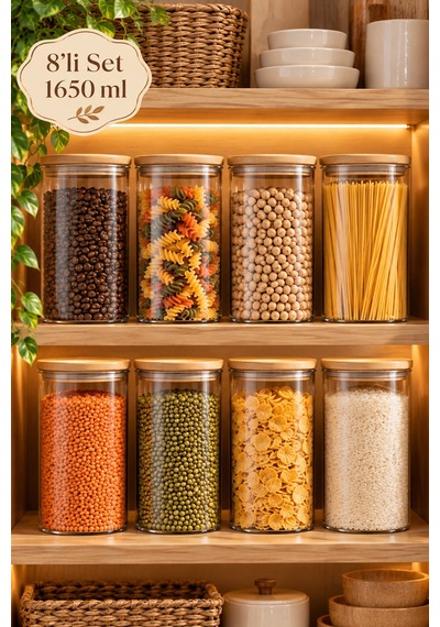 Porsima 3-4 Bambu Borosilikat Vakumlu Kapaklı Yuvarlak Cam 8li Kavanoz Seti Saklama Kabı 1650ml 10x25cm