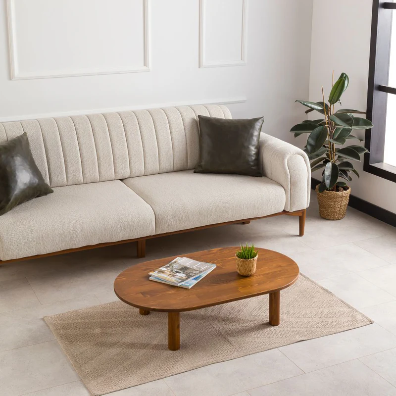 Furnirem Masif Çam Ahşap Oval Orta Sehpa Modern Salon Sehpası 76x45 Cm Ceviz
