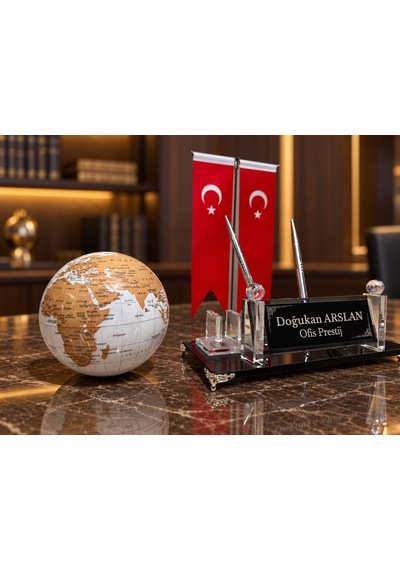 Velora 3 Parça Kristal Ofis Seti Kişiye Özel İsimlik Türk Bayraklı Beyaz Dünya Küreli Beyaz - Siyah