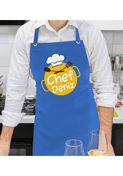 Bk Gift Kişiye Özel İsimli Chef Tasarımlı Profesyonel Saks Mavi Mutfak Önlüğü, Aşçı Önlüğü, Şef Önlüğü, Arkadaşa -3 Bej