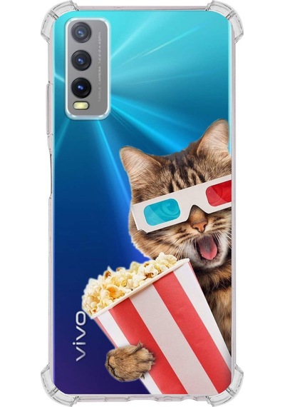 Vivo Y20 Uyumlu Kedi 1 Baskılı Şeffaf Köşe Korumalı Antişok Kılıf