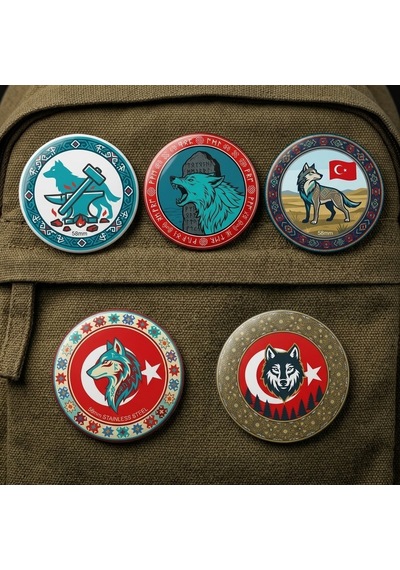 Fikart Gökbörü Ve Bozkurt Efsanesi Özel Çizim Tasarımlar 5'li Paket 58mm Buton Rozeti Seti Çok Renkli