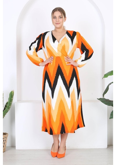 Mooi Xxl Kadın Turuncu Zigzag Desen Kruvaze Yaka Balon Kol Maxi Boy Bürümcük Elbise Turuncu Mooi Xxl Kadın Turuncu Zigzag Desen Kruvaze Yaka Balon Kol Maxi Boy Bürümcük Elbise Turuncu