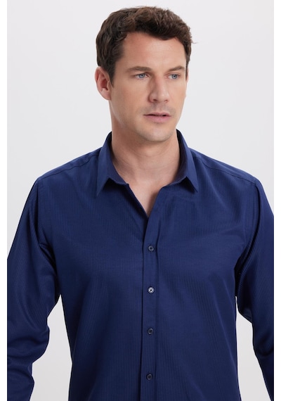 Tudors Modern Slim Fit Uzun Kollu Pamuklu Kolay Ütü Armürlü Lacivert Erkek Gömlek-41844 Lacivert