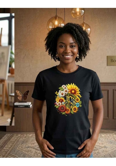 Kadın Bisiklet Yaka Ayçiçeği Ve Barış Logo Desenli Dijital Baskılı T-shirt Siyah