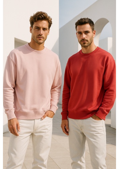 Rich Erkek 2'li Paket Nar Çiçeği - Pudra Bisiklet Yaka Scuba Basic Sweatshirt Pudra
