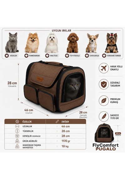 Tr Flycomfort Kedi Köpek Taşıma Çantası, Naylon, 40x30x35 Cm, Kabin Boy, Uçak Uyumlu, Yırtılmaz File Kahverengi